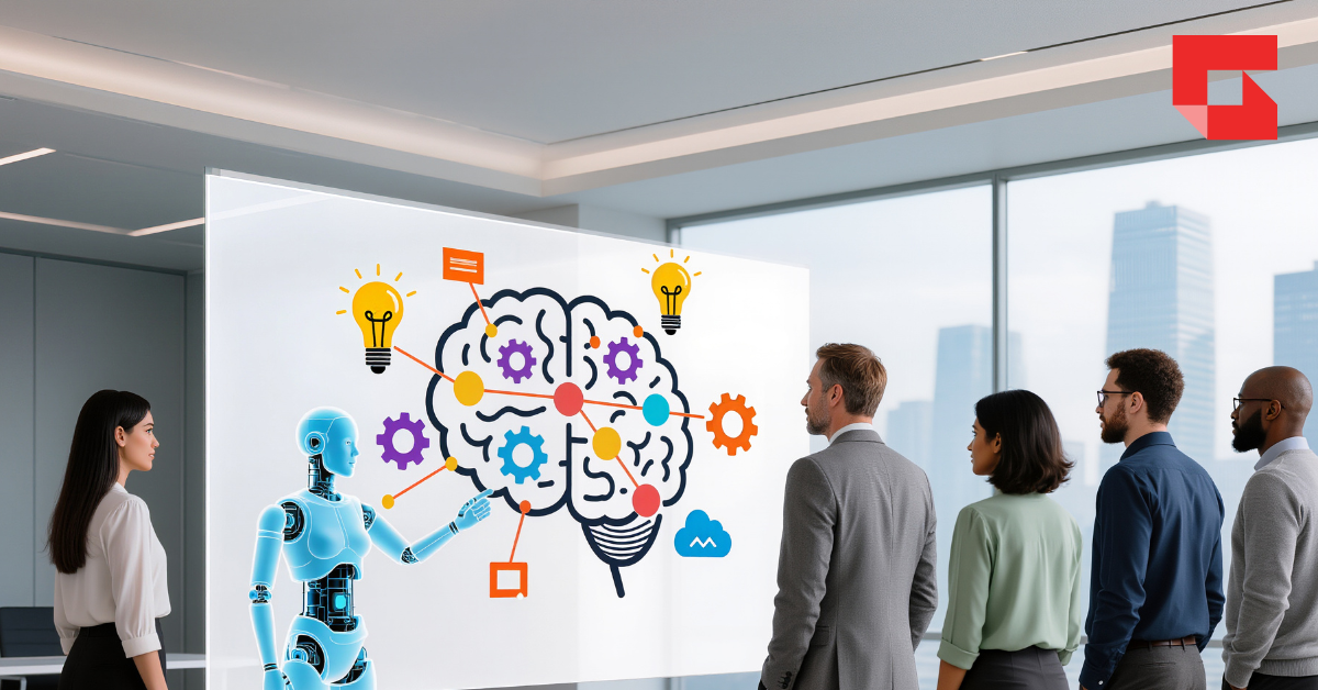 people looking at an image of a brain with tech icons