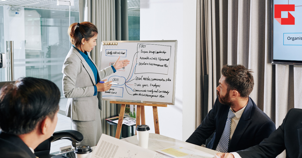 A group of people in an office looking at an easel with notes.