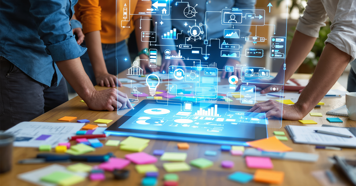 AI illustration on a tabletop surrounded by sticky notes