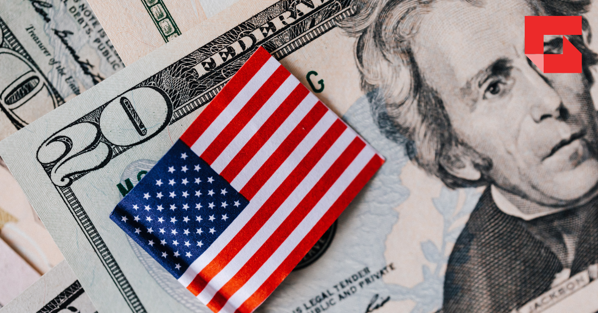 American flag on top of a $20 bill