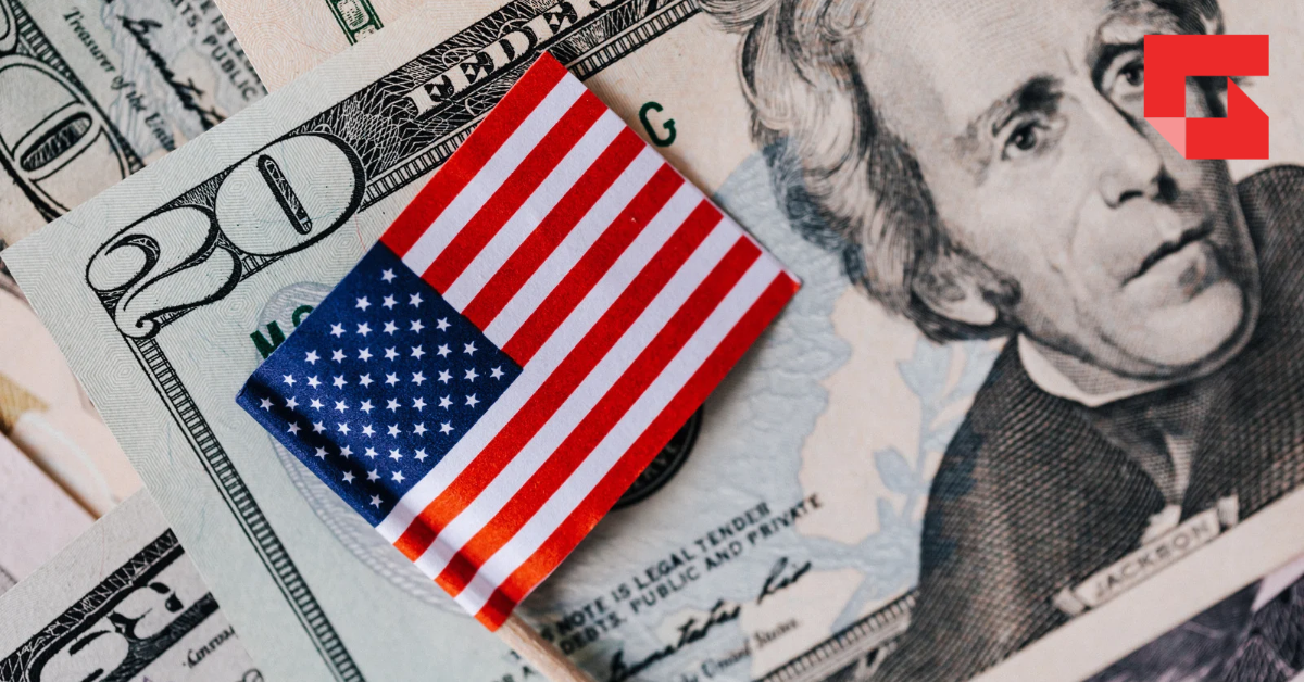 US twenty dollar bill with an American flag