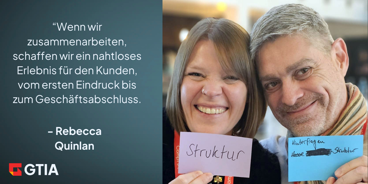 Man and woman smiling holding up notes with a quote from the article on the left.