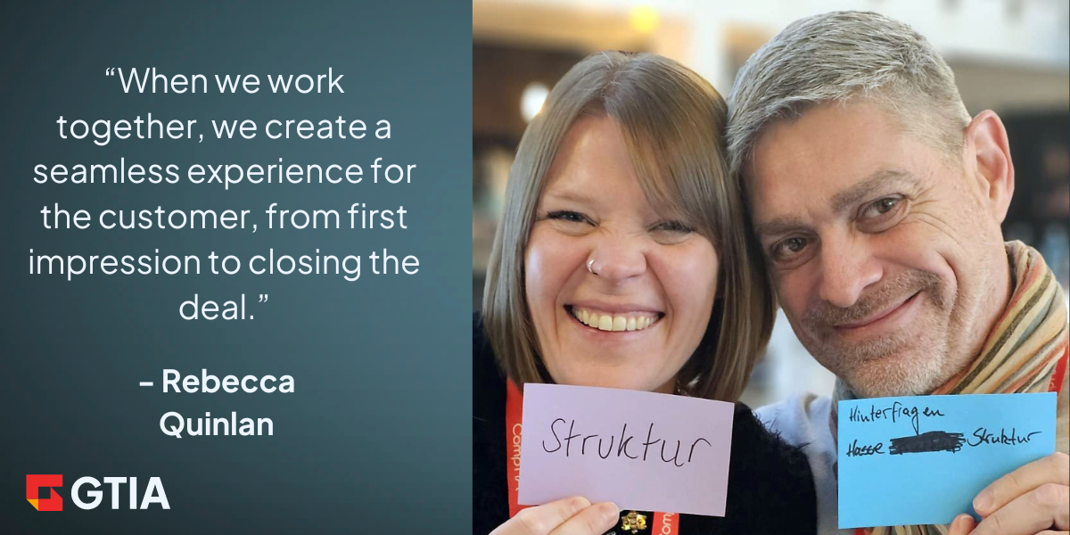 Two people smiling for the camera holding notes with a quote from the article on the left side.