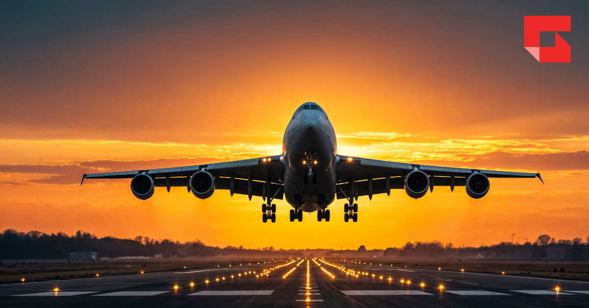 Plan taking off over a runway